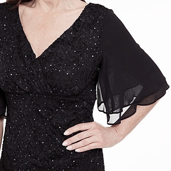 Connected Apparel Sequined Lace Dress Chiffon Flutter Sleeves - Picture 3 of 13